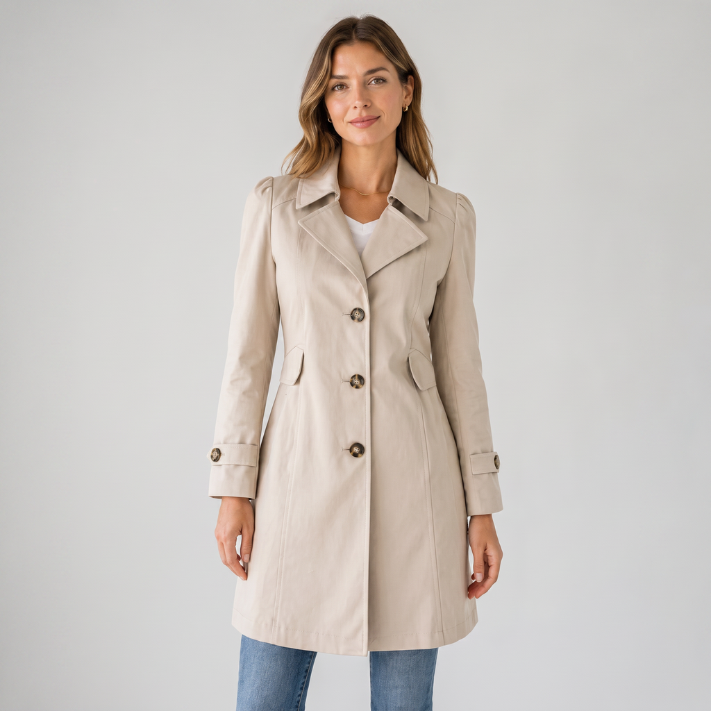 Women's short trench coat with notched collar, long sleeves and button front