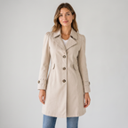 Women's short trench coat with notched collar, long sleeves and button front