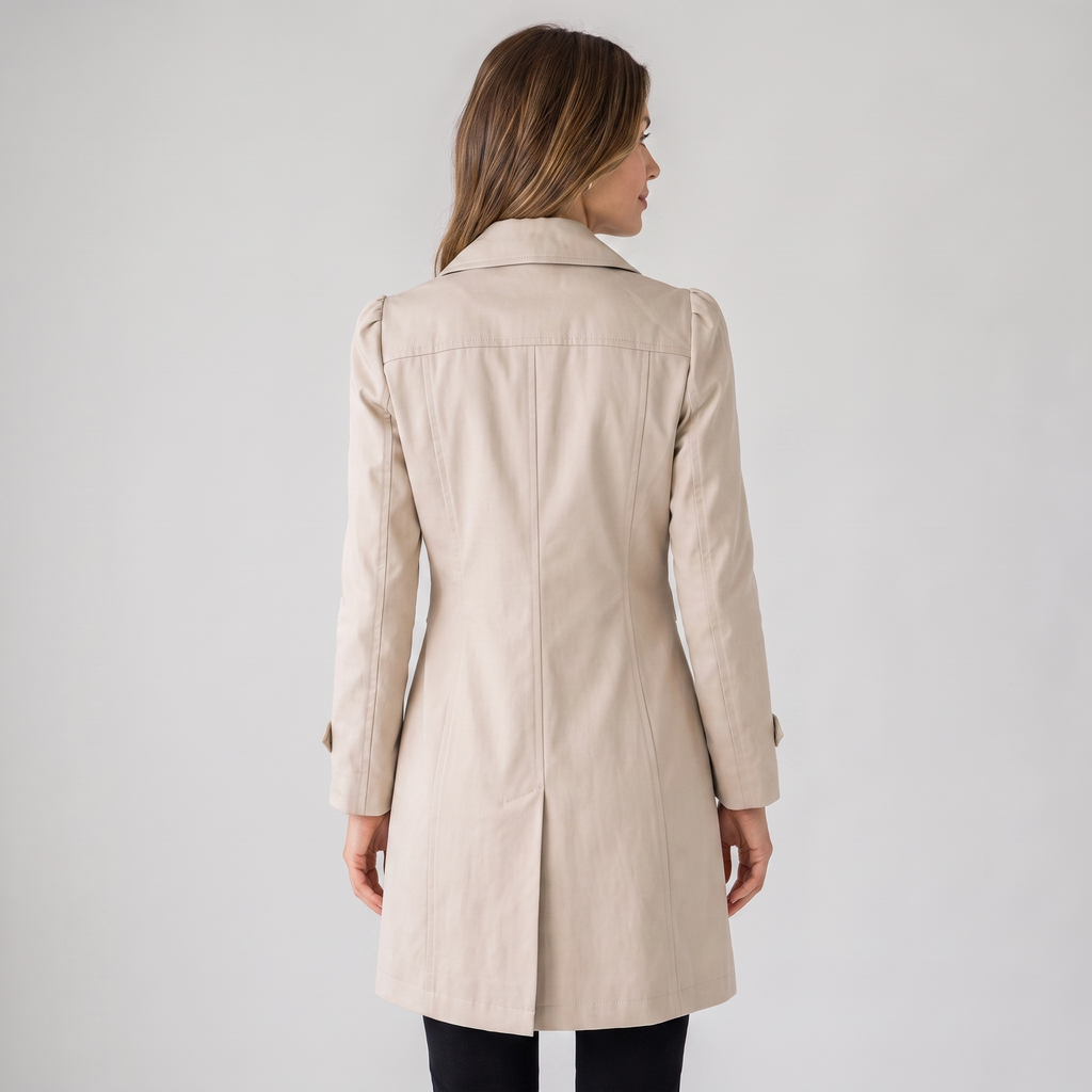 Women's short trench coat with notched collar, long sleeves and button front