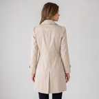 Women's short trench coat with notched collar, long sleeves and button front