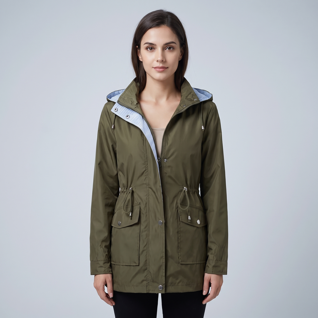Women's hooded long-sleeved trench coat with zip front and pockets