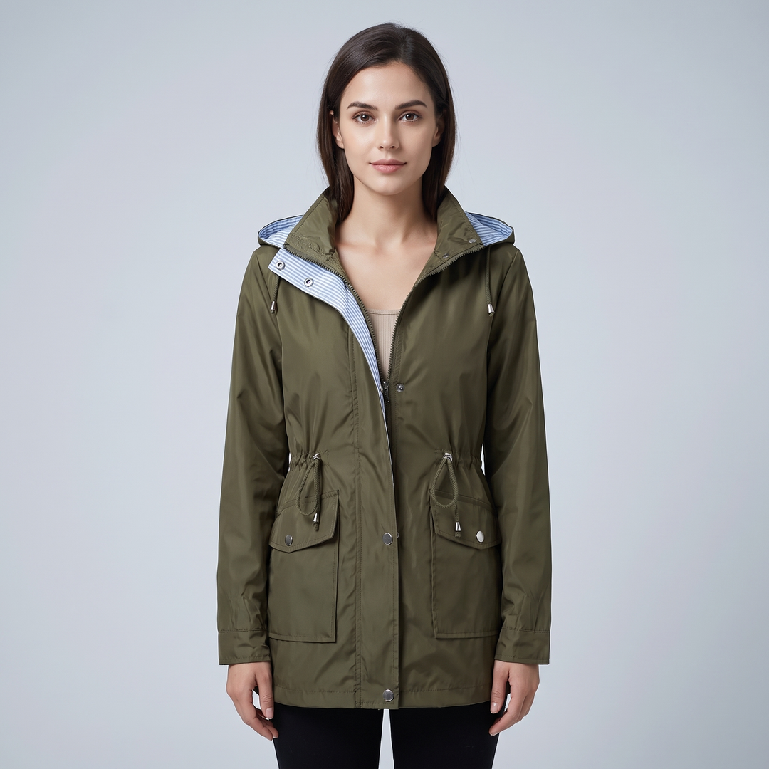 Women's hooded long-sleeved trench coat with zip front and pockets