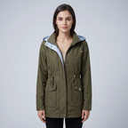 Women's hooded long-sleeved trench coat with zip front and pockets