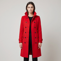 Women's long belted double-breasted trench coat with raised collar and cuff straps