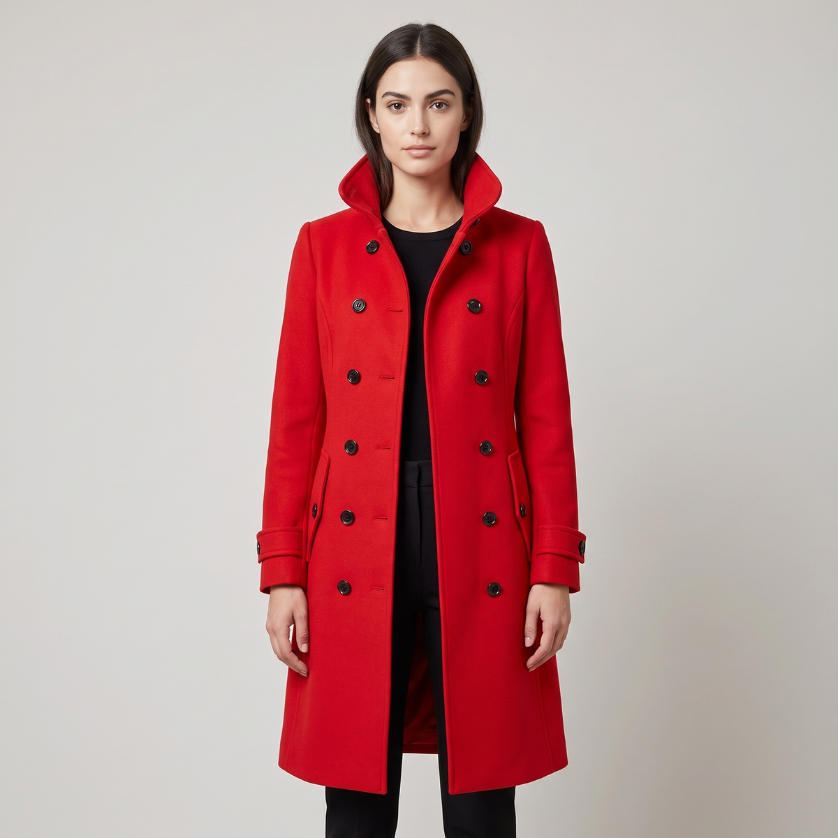 Women's long belted double-breasted trench coat with raised collar and cuff straps