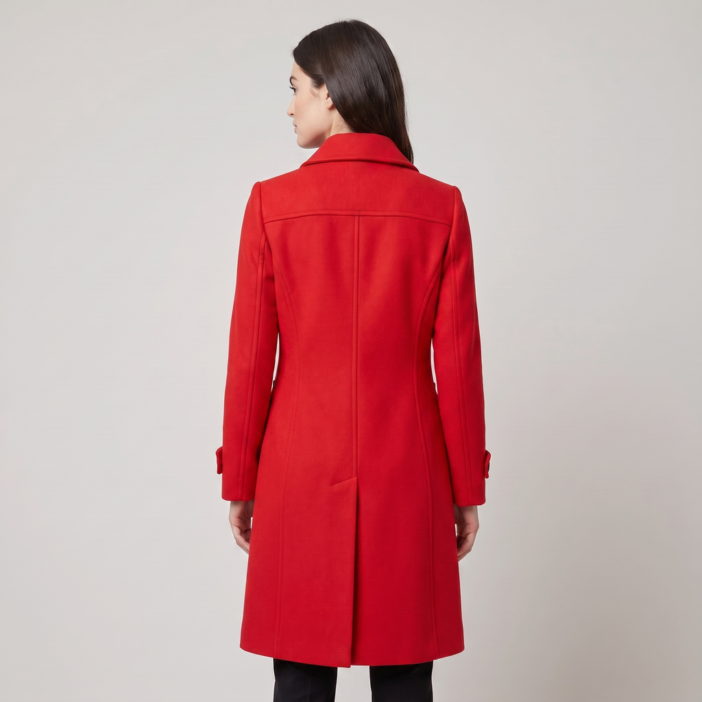 Women's long belted double-breasted trench coat with raised collar and cuff straps