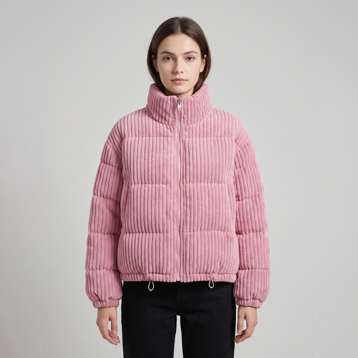 Women's cropped quilted jacket with ribbed texture, high collar and long sleeves