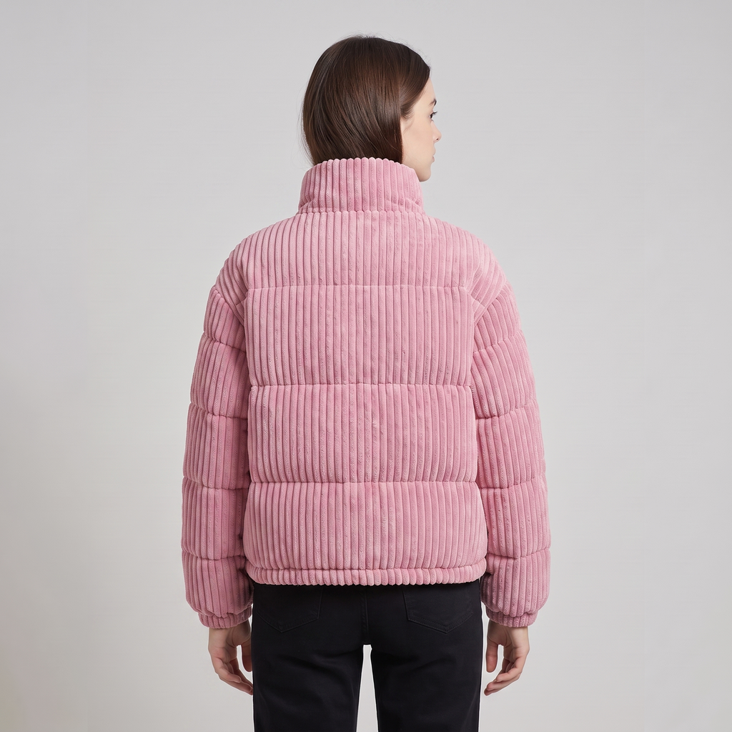 Women's cropped quilted jacket with ribbed texture, high collar and long sleeves