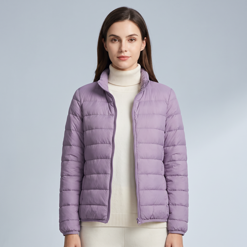 Women's quilted puffer jacket with high collar and long sleeves