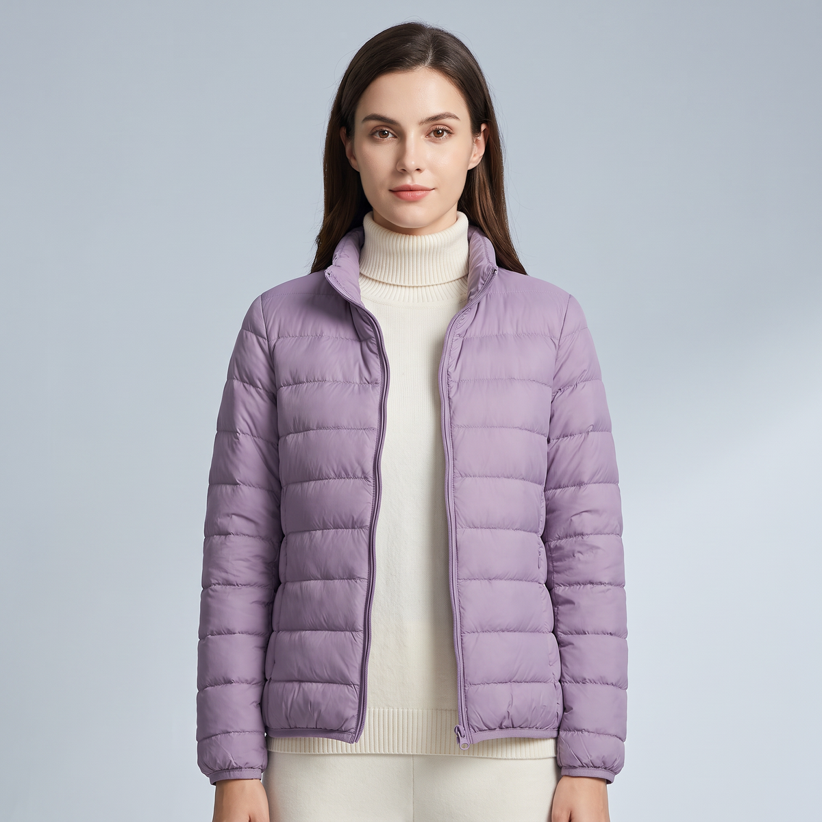 Women's quilted puffer jacket with high collar and long sleeves