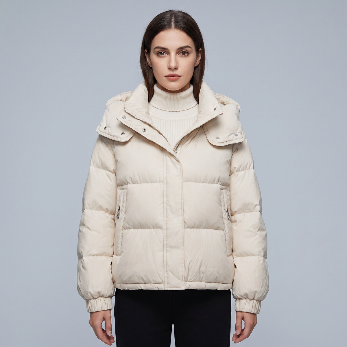 Women's quilted cropped puffer jacket with high collar and long sleeves