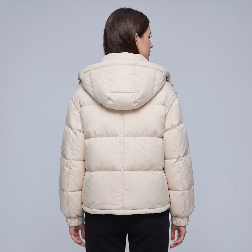 Women's quilted cropped puffer jacket with high collar and long sleeves