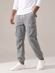 Men's corduroy cargo trousers in smoky silver with drawstring waist and cuffed hems