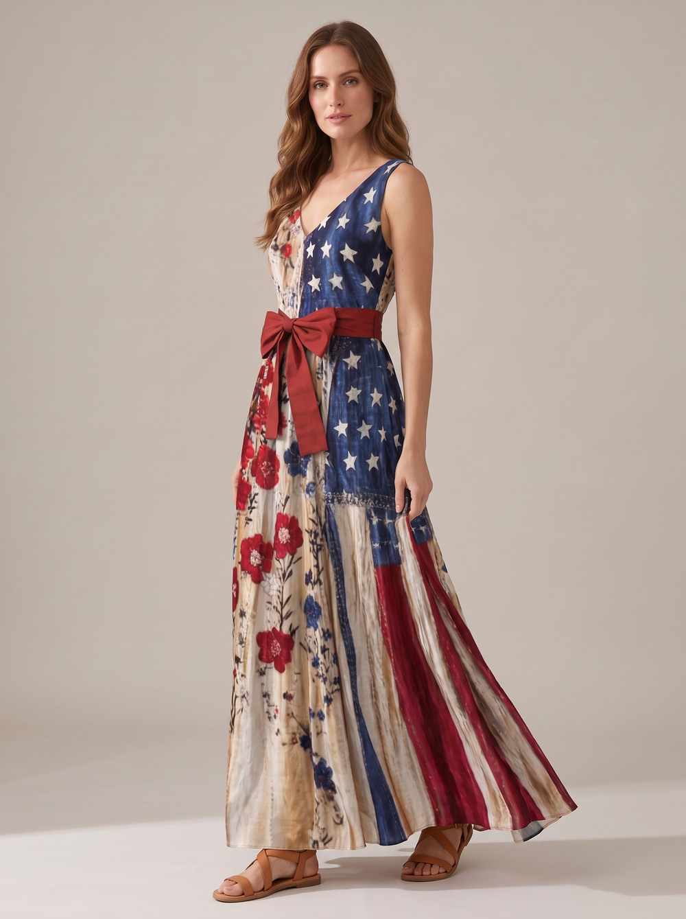 Floral flag print maxi dress, three-quarter view