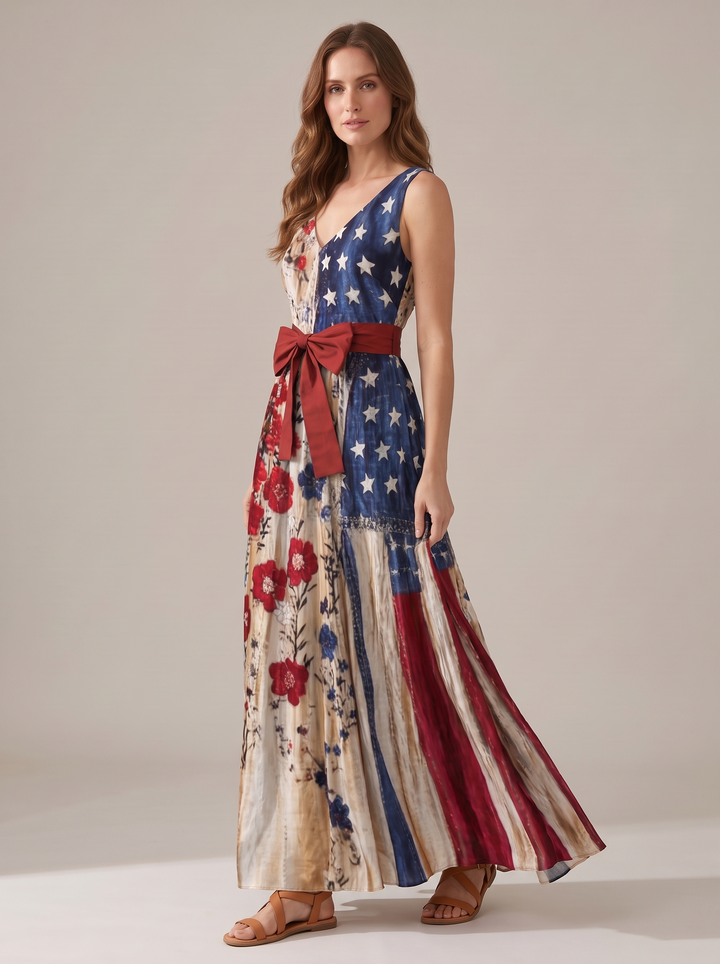 Floral flag print maxi dress, three-quarter view