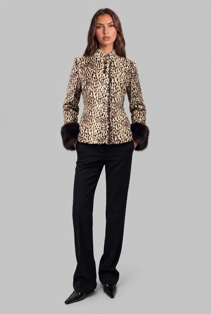 Women's Leopard Print Jacket with Faux Fur Cuffs