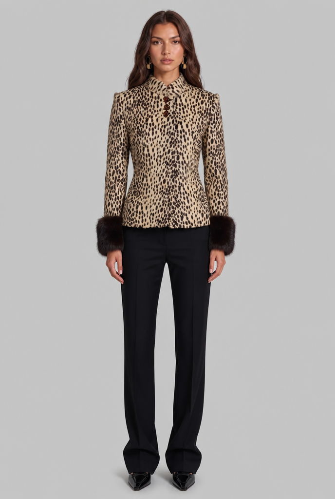 Women's Leopard Print Jacket with Faux Fur Cuffs