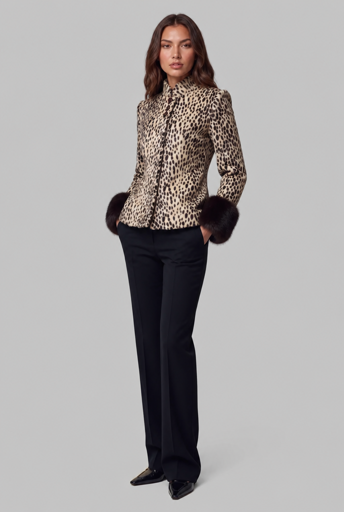 Women's Leopard Print Jacket with Faux Fur Cuffs