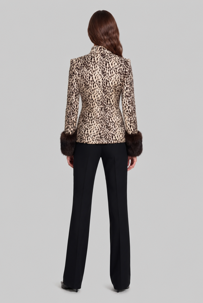 Women's Leopard Print Jacket with Faux Fur Cuffs