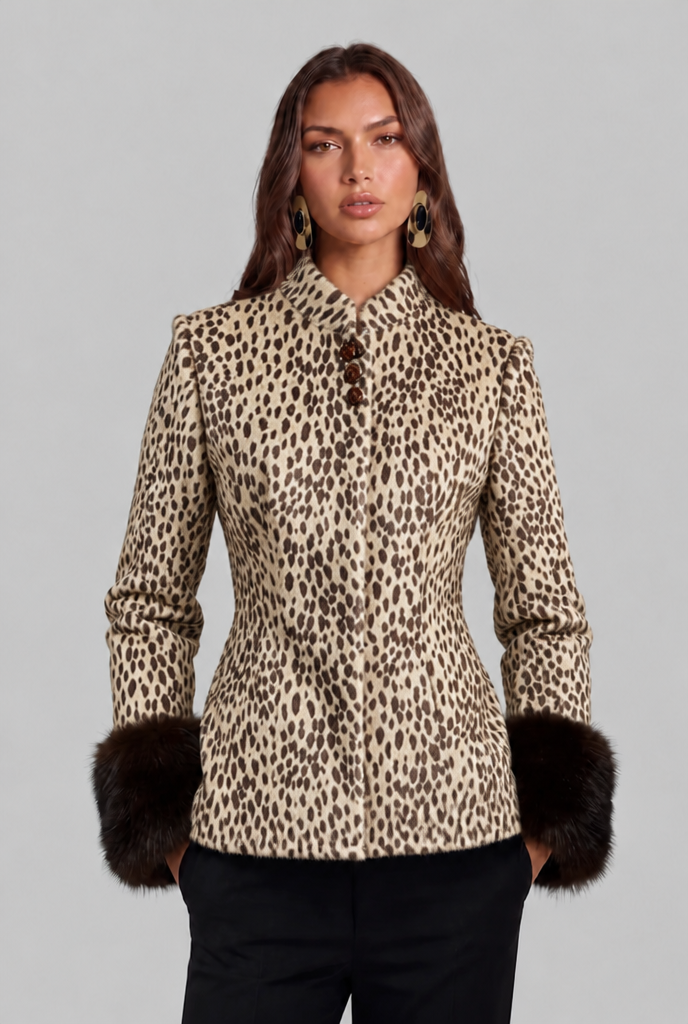 Women's Leopard Print Jacket with Faux Fur Cuffs