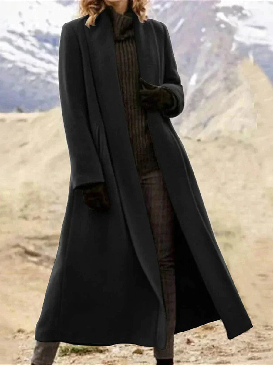 Women's long lapel trench coat shown in black and green