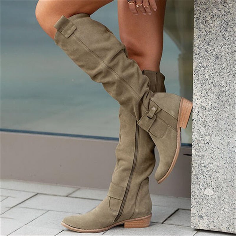 Women's slouch knee high boots with low heel, buckles and almond toe