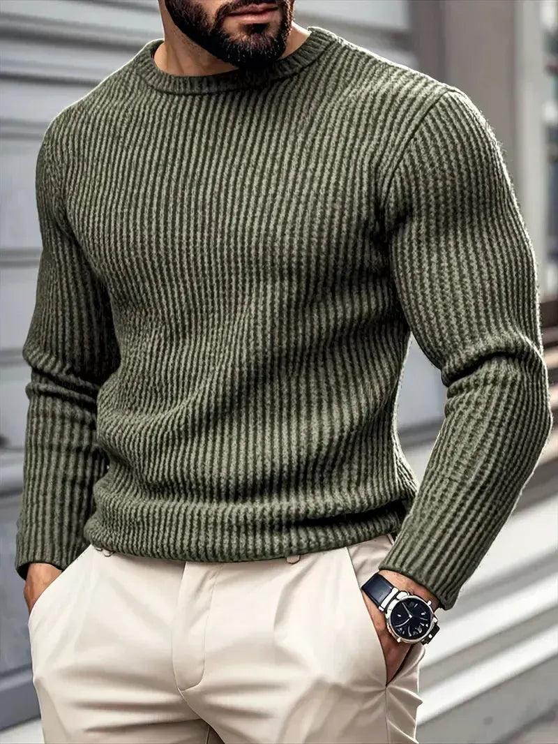Men's ribbed crew neck jumper with long sleeves and textured knit finish