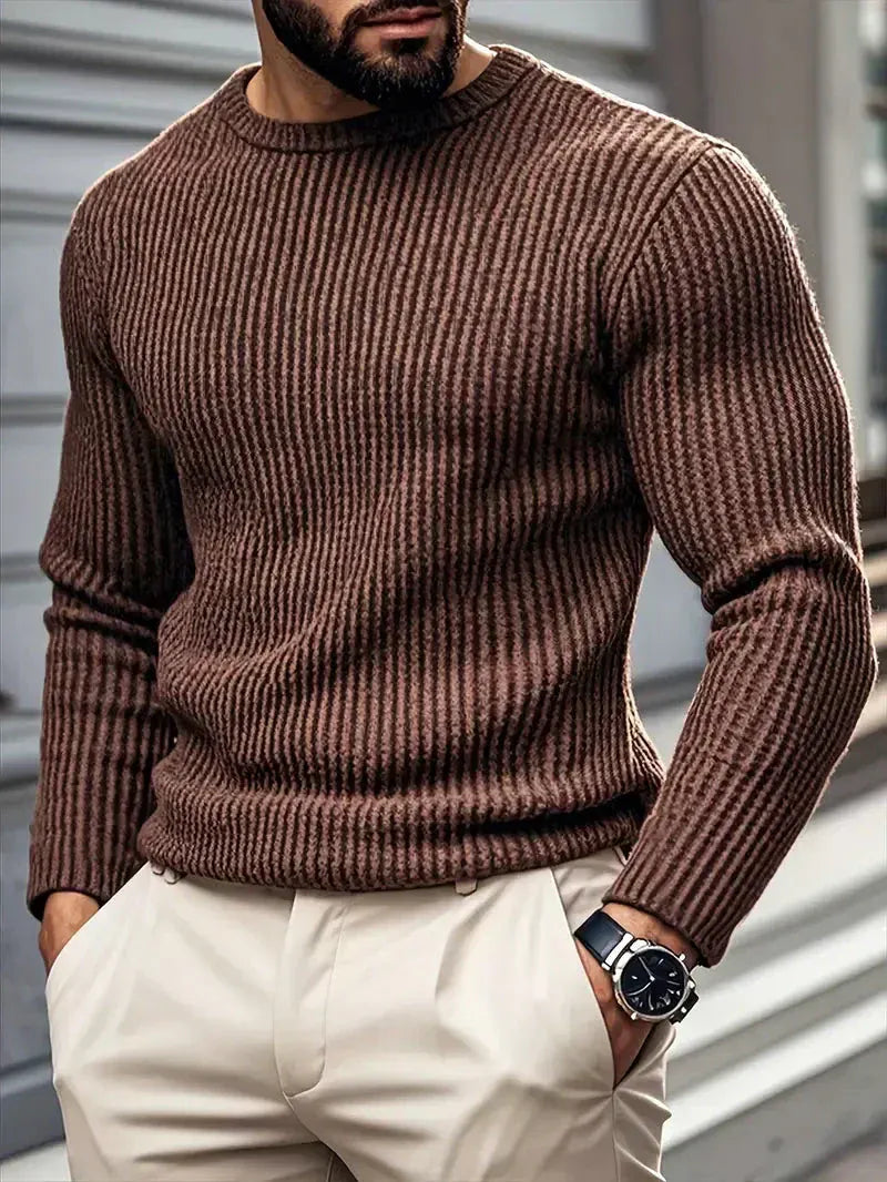 Men's ribbed crew neck jumper with long sleeves and textured knit finish