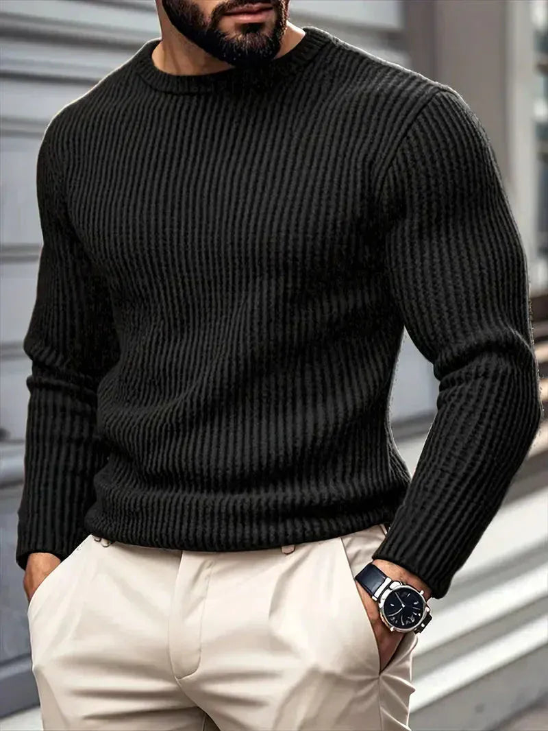 Men's ribbed crew neck jumper with long sleeves and textured knit finish