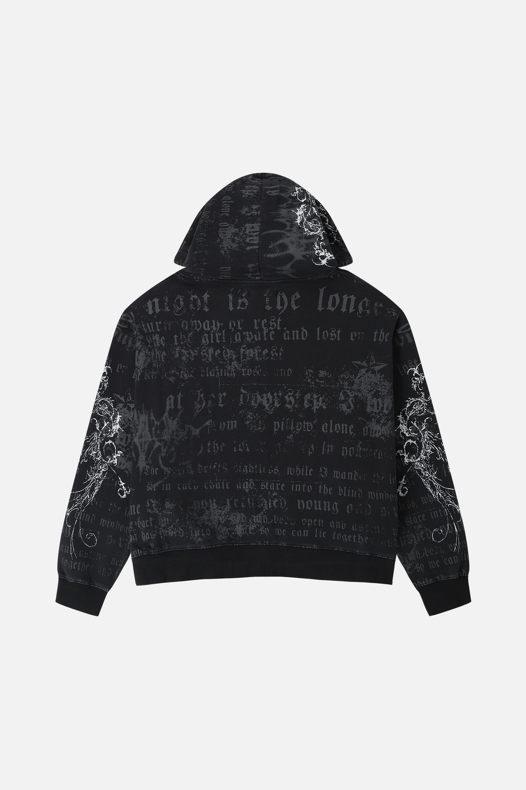 Men's black hooded zip hoodie with text and ornamental graphics