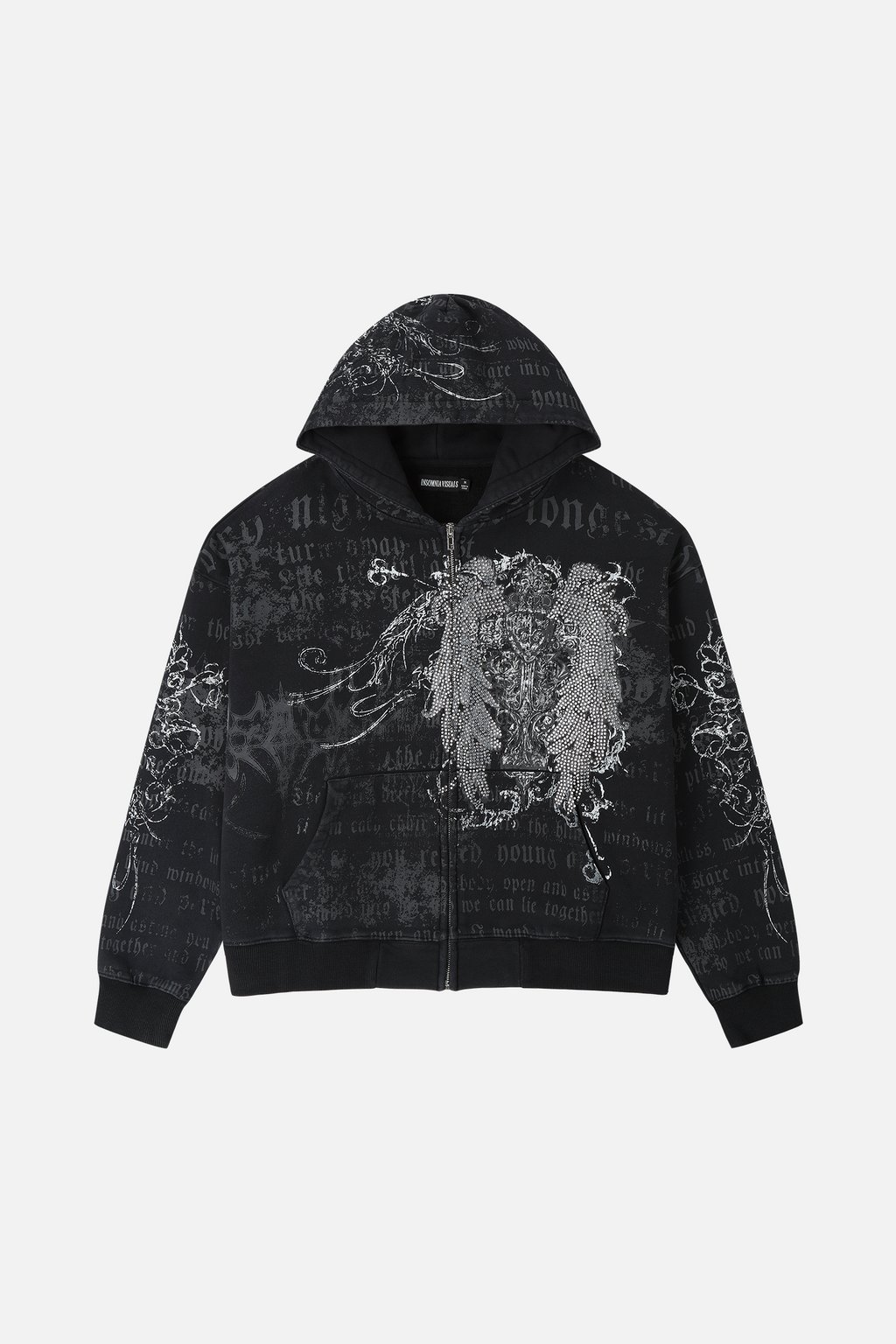 Men's black hooded zip hoodie with text and ornamental graphics