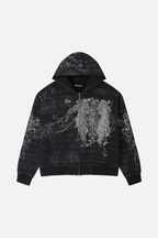Men's black hooded zip hoodie with text and ornamental graphics