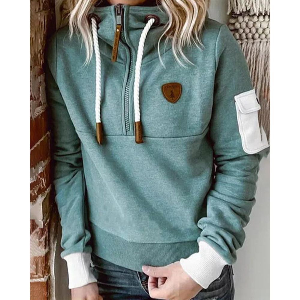 Women's hooded half-zip sweatshirt with long sleeves and utility sleeve pocket