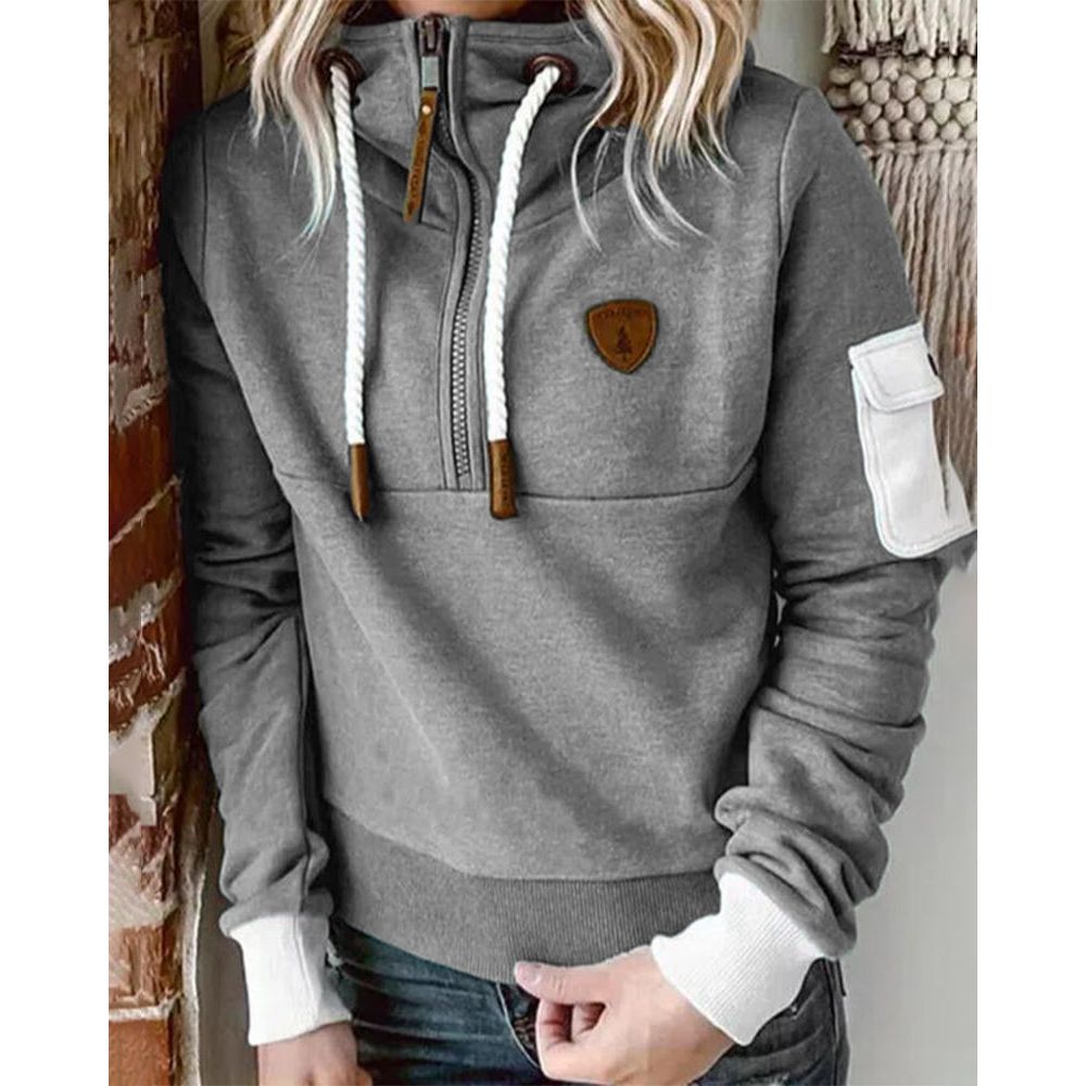 Women's hooded half-zip sweatshirt with long sleeves and utility sleeve pocket