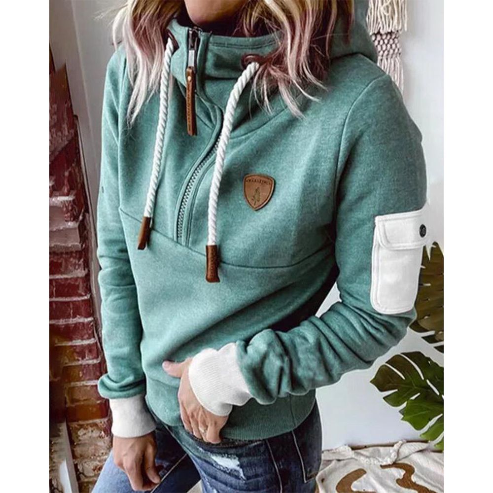 Women's hooded half-zip sweatshirt with long sleeves and utility sleeve pocket