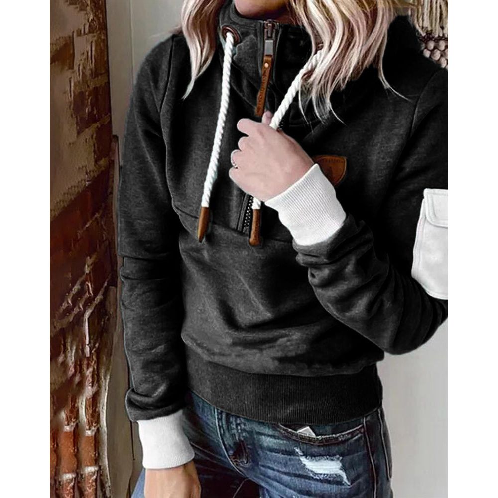 Women's hooded half-zip sweatshirt with long sleeves and utility sleeve pocket
