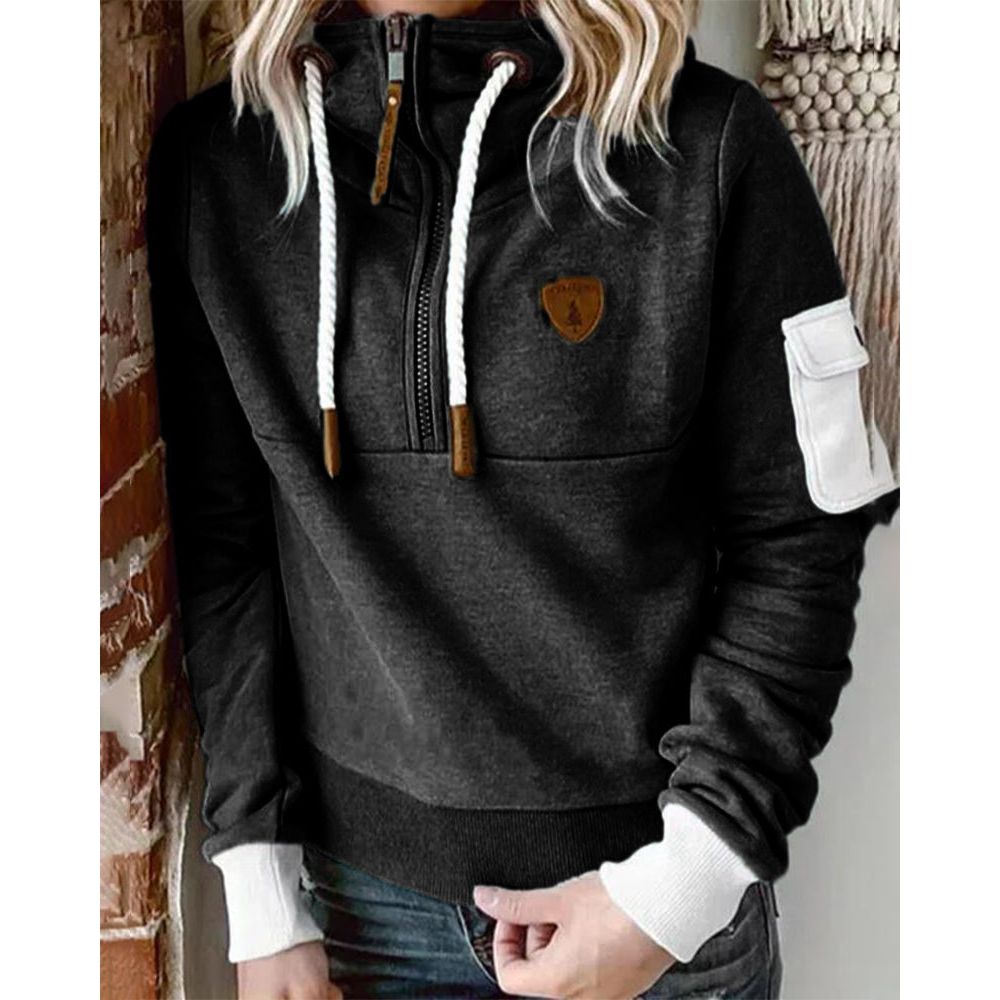 Women's hooded half-zip sweatshirt with long sleeves and utility sleeve pocket