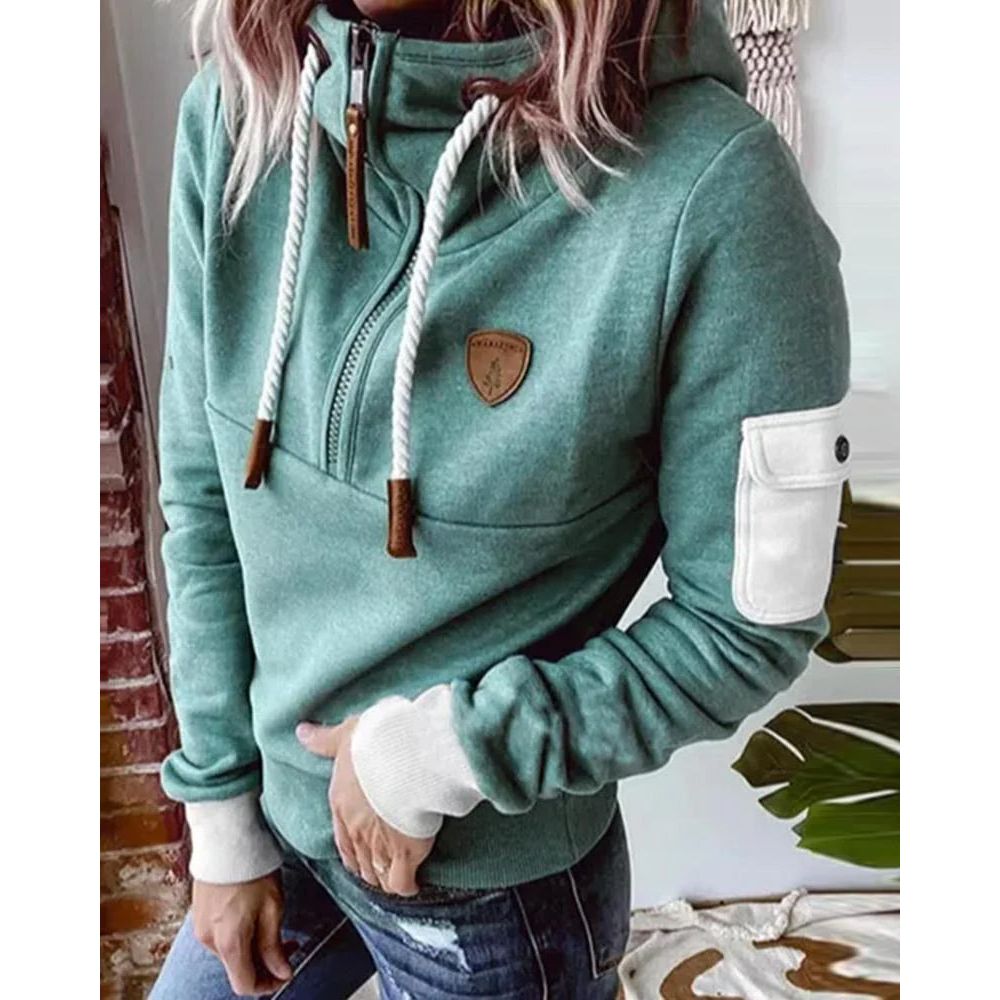 Women's hooded half-zip sweatshirt with long sleeves and utility sleeve pocket