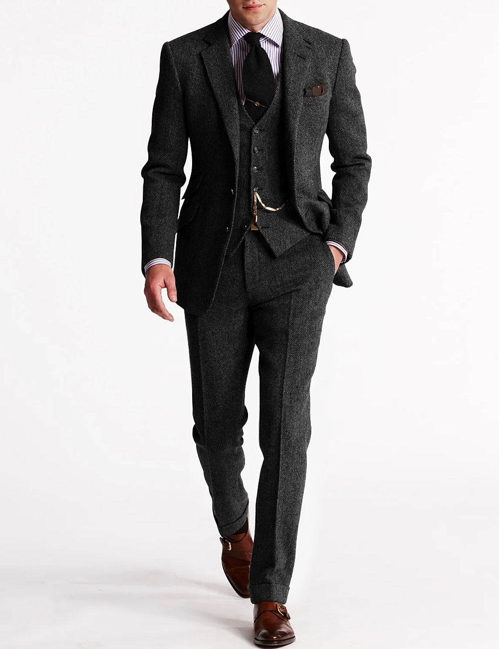 Men's tailored herringbone three-piece suit with jacket, waistcoat and trousers