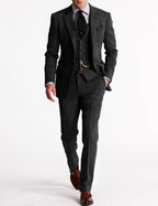 Men's tailored herringbone three-piece suit with jacket, waistcoat and trousers