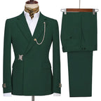 Men's two-piece suit with notched lapels, chain detail, buckle accents and matching trousers