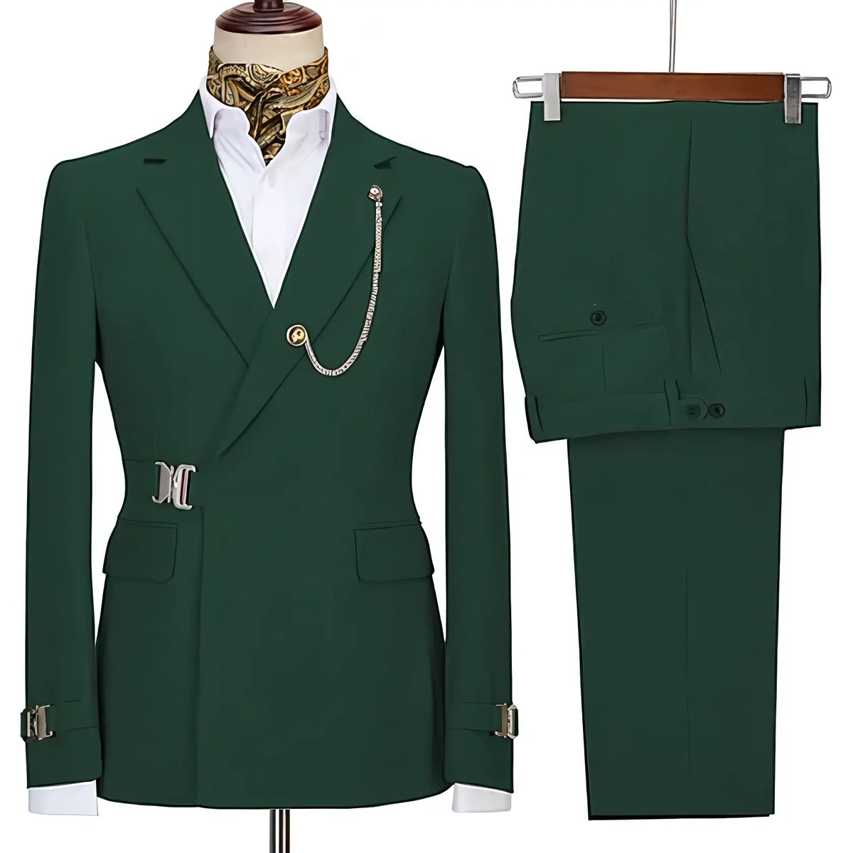 Men's two-piece suit with notched lapels, chain detail, buckle accents and matching trousers