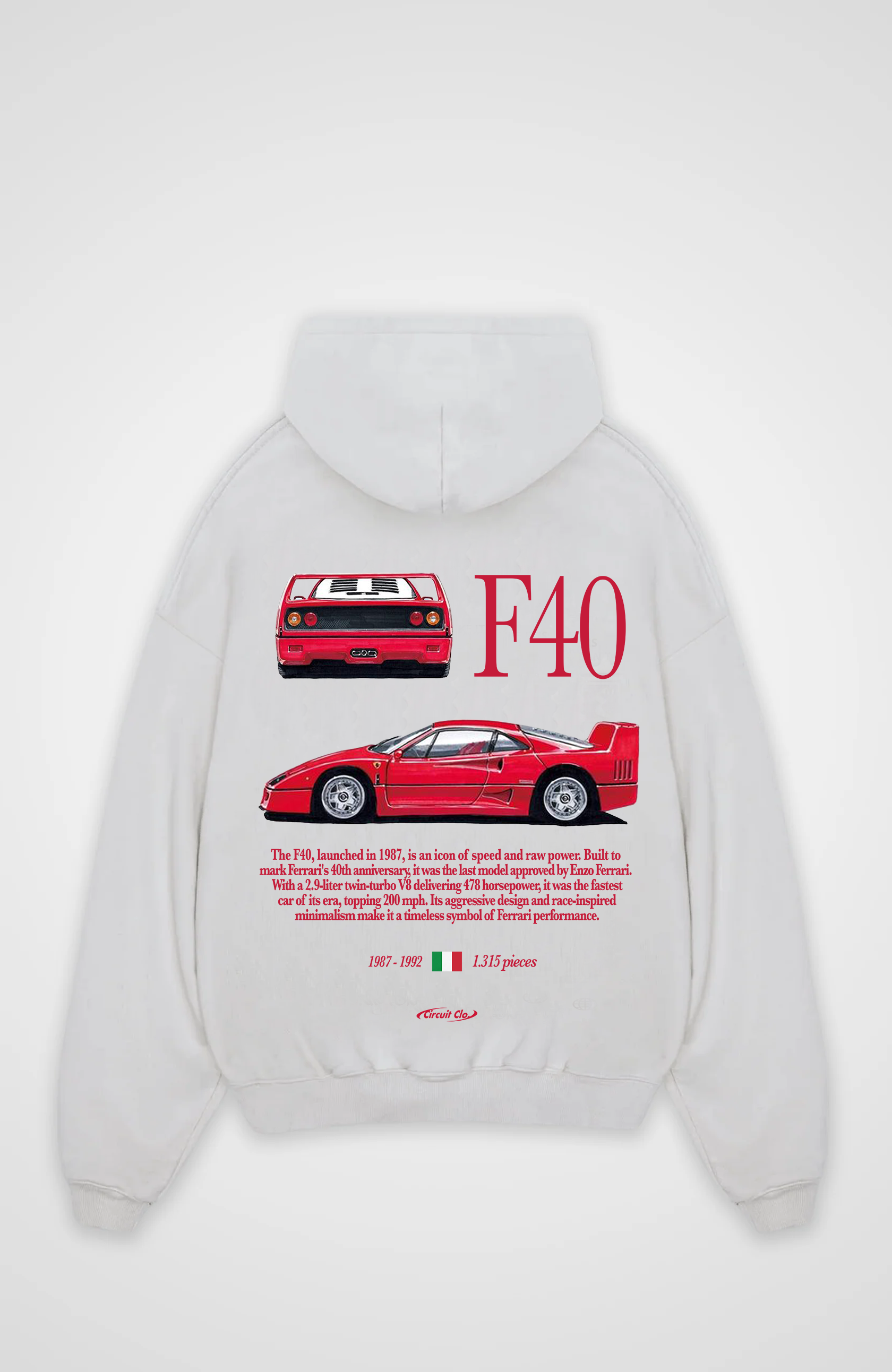 Oversized hoodie with red F40 car graphic on the back