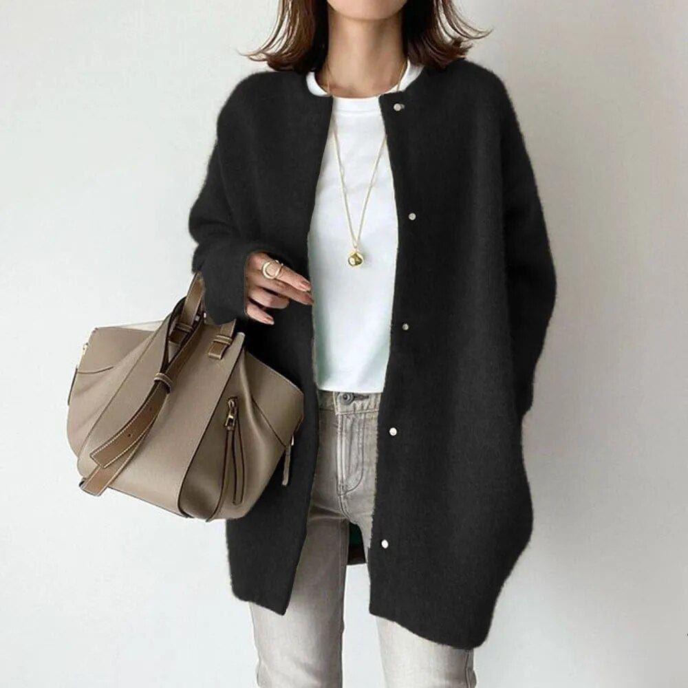 Women's long button cardigan with round neckline and long sleeves