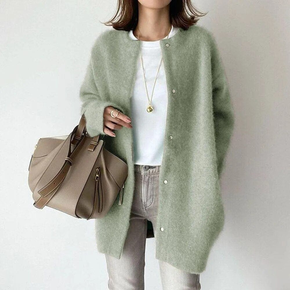 Women's long button cardigan with round neckline and long sleeves
