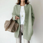 Women's long button cardigan with round neckline and long sleeves