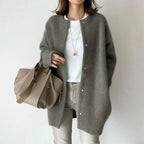 Women's long button cardigan with round neckline and long sleeves
