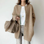 Women's long button cardigan with round neckline and long sleeves
