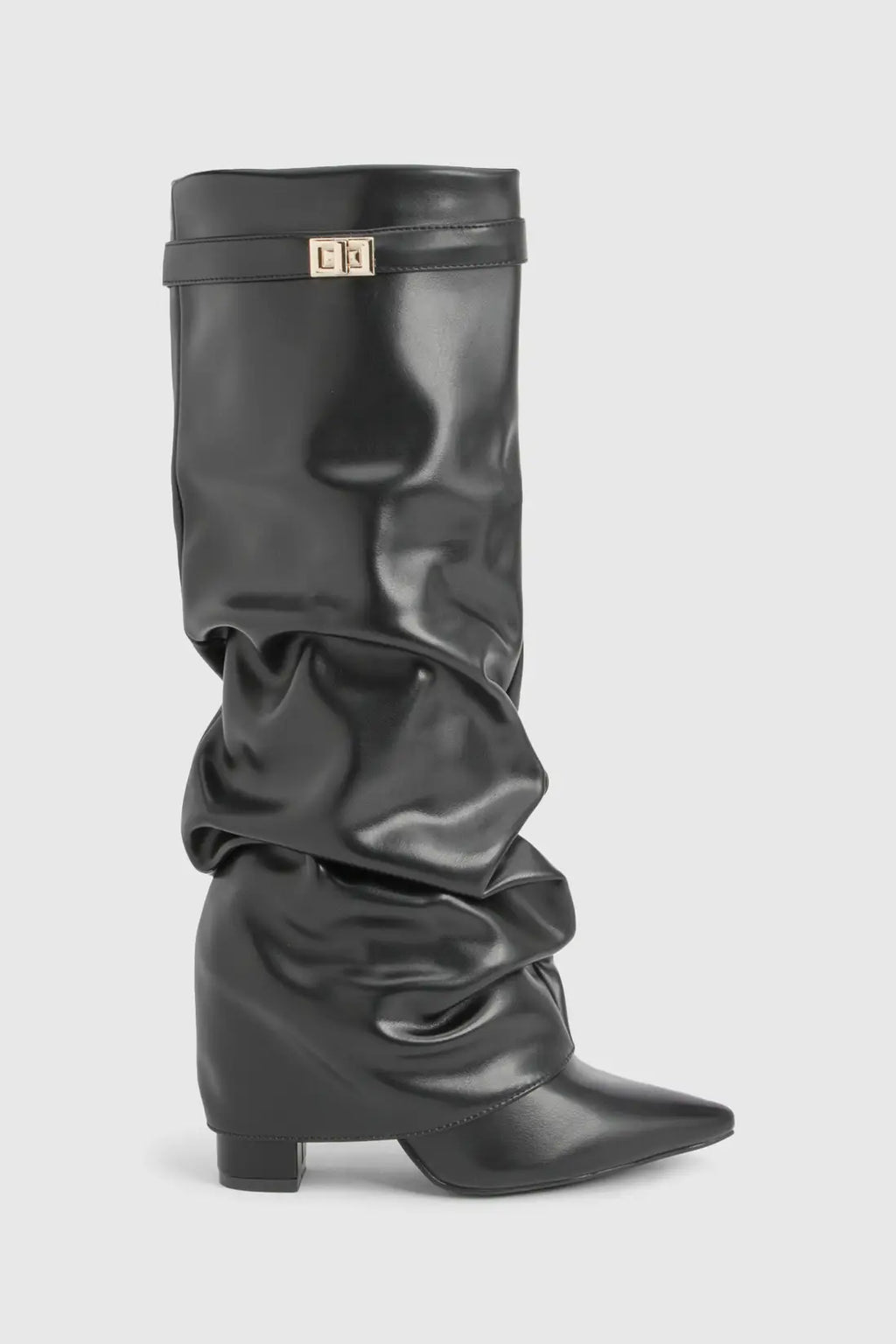 Women's slouch knee-high boot with pointed toe and low block heel