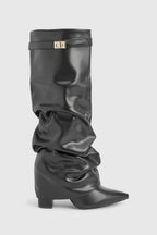 Women's slouch knee-high boot with pointed toe and low block heel